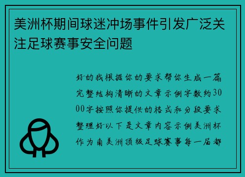 美洲杯期间球迷冲场事件引发广泛关注足球赛事安全问题
